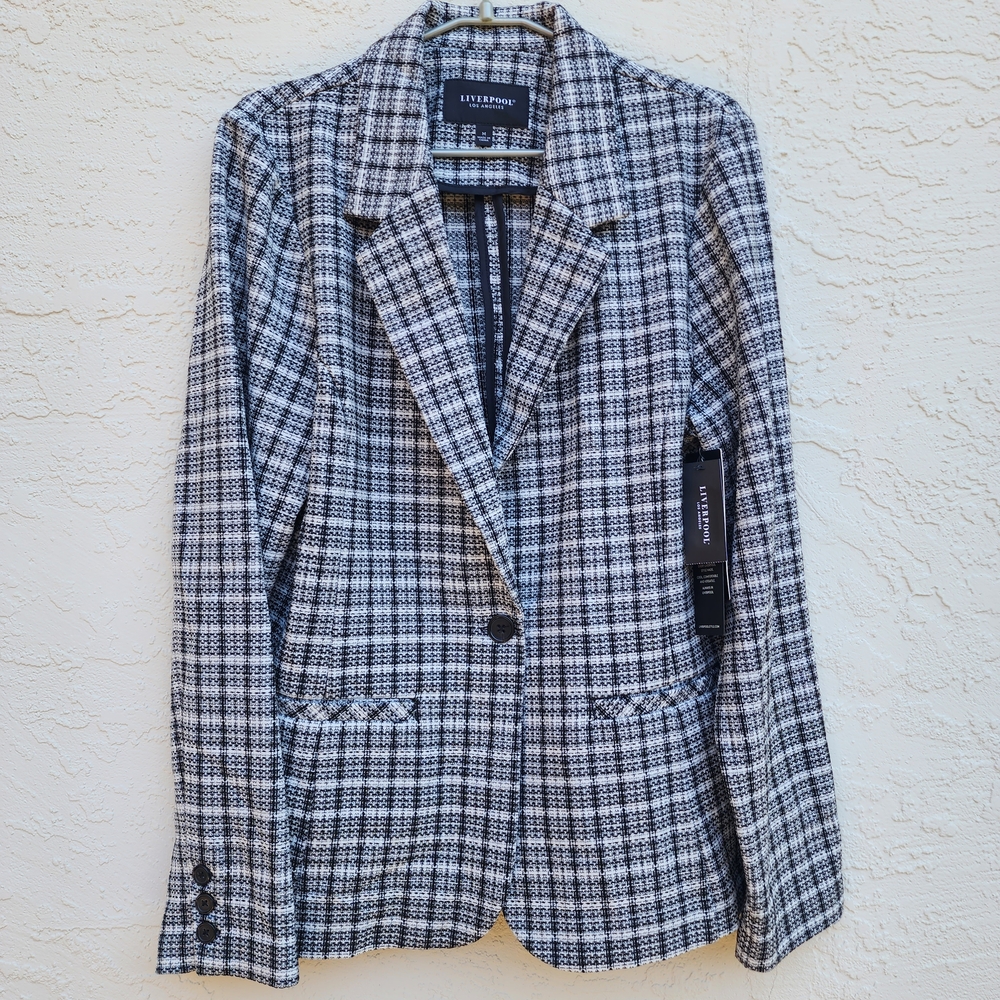 Liverpool Plaid Blazer One Button LA Sophisticated Black White Size M NEW